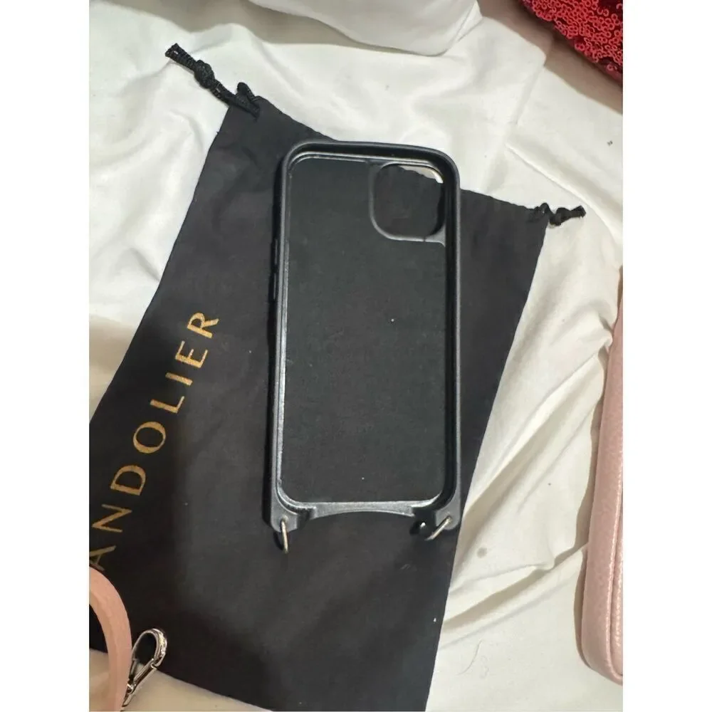 Bandolie donna iPhone 13 case & pink leather crossbody /belt/strap set w/pouch